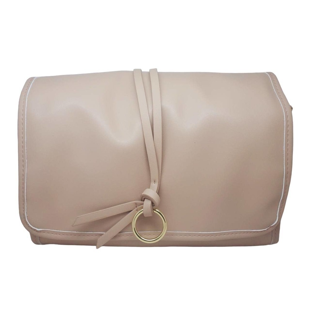 Lancome Signature Cosmetic Makeup Bag Tri-Fold Train Case Faux Leather Nude/Tan